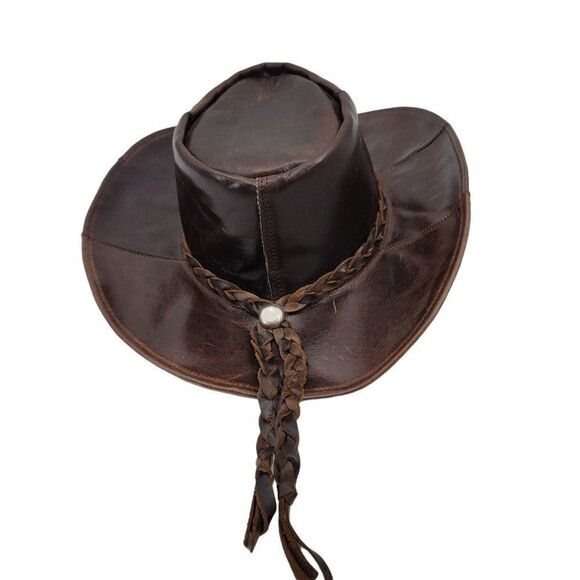 Vtg Hat Leather Cowboy Safari Distressed Braided Accent Unisex Dark Brown L 21" - Picture 5 of 10